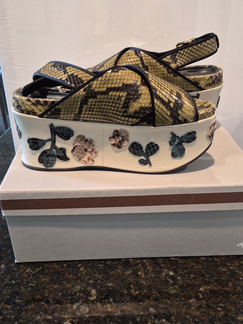 Snake-Print Platform Slingback Sandals in Olive and Black